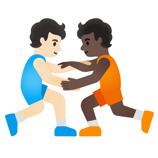The people wrestling: light skin tone, dark skin tone emoji.