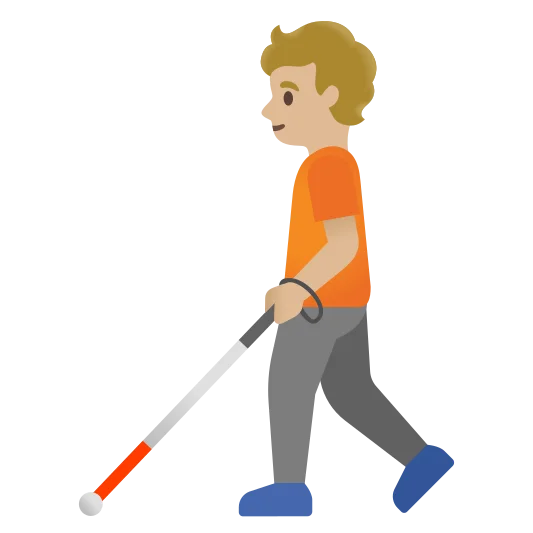 The person with white cane: medium-light skin tone emoji.