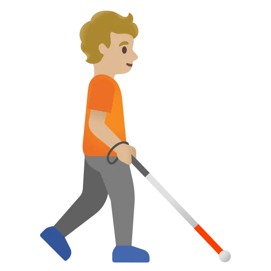 The person with white cane facing right: medium-light skin tone emoji.