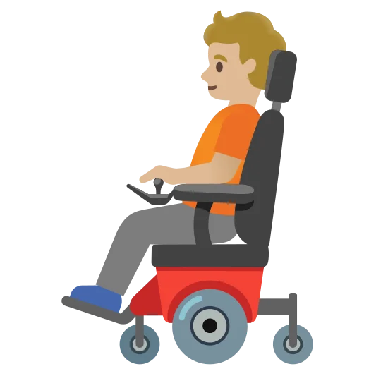 The person in motorized wheelchair: medium-light skin tone emoji.