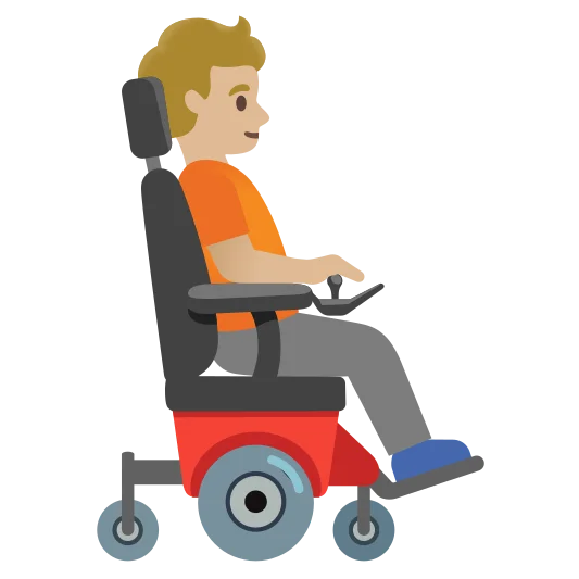 The person in motorized wheelchair facing right: medium-light skin tone emoji.