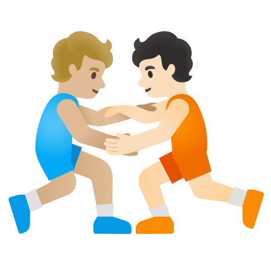 The people wrestling: medium-light skin tone, light skin tone emoji.