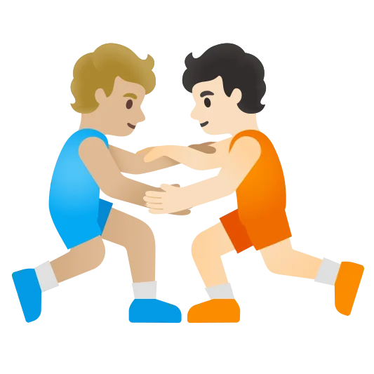 The people wrestling: medium-light skin tone, light skin tone emoji.