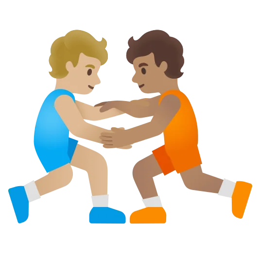 The people wrestling: medium-light skin tone, medium skin tone emoji.