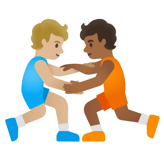 The people wrestling: medium-light skin tone, medium-dark skin tone emoji.