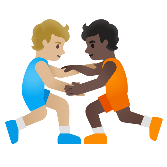 The people wrestling: medium-light skin tone, dark skin tone emoji.