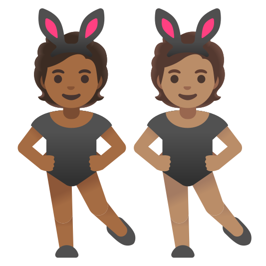 The people with bunny ears: medium-dark skin tone, medium skin tone emoji.