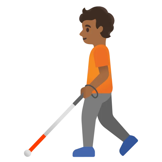 The person with white cane: medium-dark skin tone emoji.