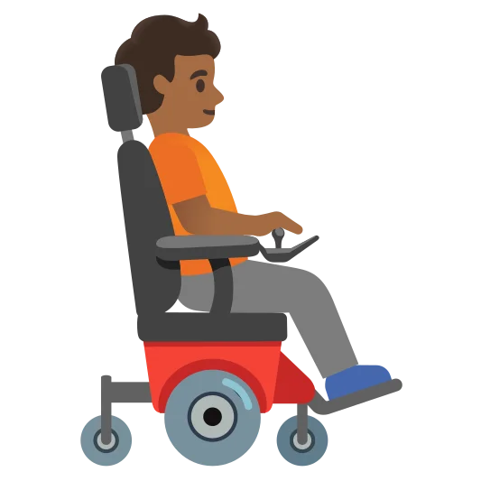 The person in motorized wheelchair facing right: medium-dark skin tone emoji.