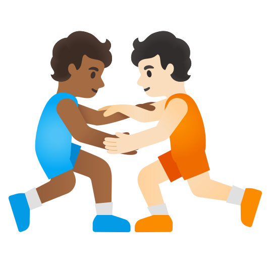 The people wrestling: medium-dark skin tone, light skin tone emoji.