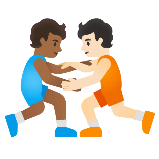 The people wrestling: medium-dark skin tone, light skin tone emoji.