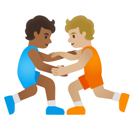 The people wrestling: medium-dark skin tone, medium-light skin tone emoji.