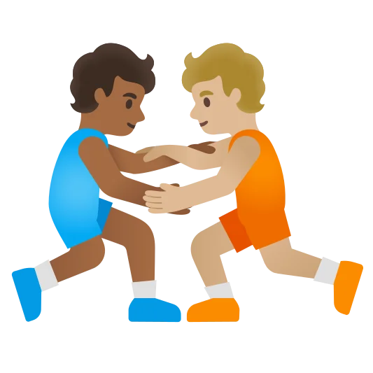 The people wrestling: medium-dark skin tone, medium-light skin tone emoji.