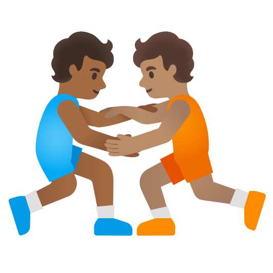 The people wrestling: medium-dark skin tone, medium skin tone emoji.