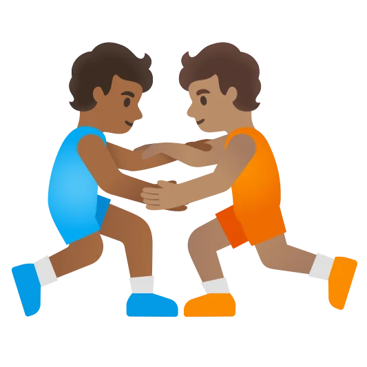 The people wrestling: medium-dark skin tone, medium skin tone emoji.