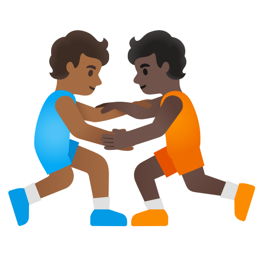 The people wrestling: medium-dark skin tone, dark skin tone emoji.