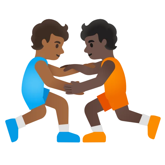 The people wrestling: medium-dark skin tone, dark skin tone emoji.