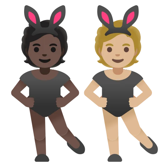 The people with bunny ears: dark skin tone, medium-light skin tone emoji.
