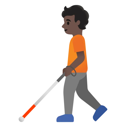 The person with white cane: dark skin tone emoji.