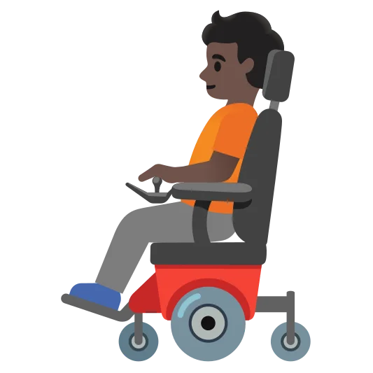 The person in motorized wheelchair: dark skin tone emoji.