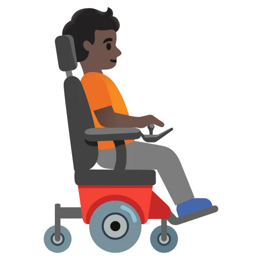 The person in motorized wheelchair facing right: dark skin tone emoji.