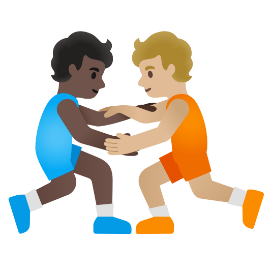 The people wrestling: dark skin tone, medium-light skin tone emoji.