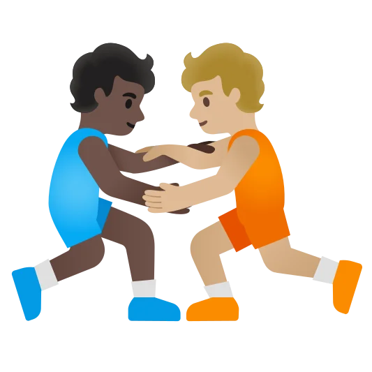 The people wrestling: dark skin tone, medium-light skin tone emoji.