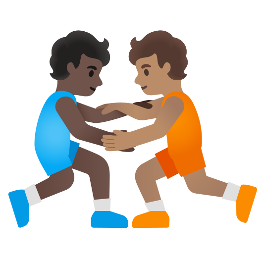 The people wrestling: dark skin tone, medium skin tone emoji.