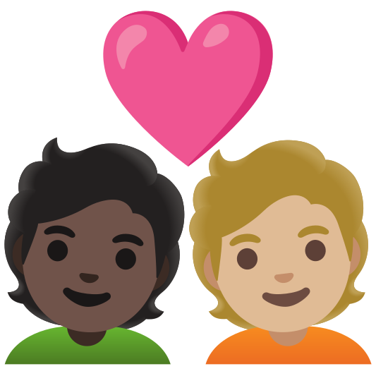 The couple with heart: person, person, dark skin tone, medium-light skin tone emoji.