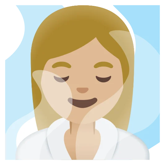 The woman in steamy room: medium-light skin tone emoji.