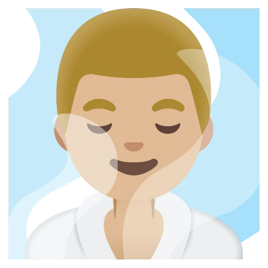The man in steamy room: medium-light skin tone emoji.