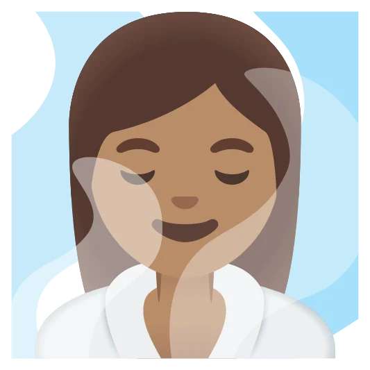 The woman in steamy room: medium skin tone emoji.
