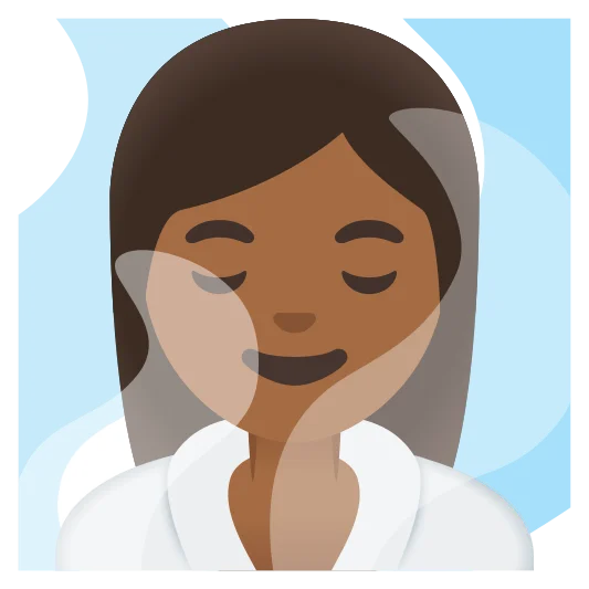 The woman in steamy room: medium-dark skin tone emoji.