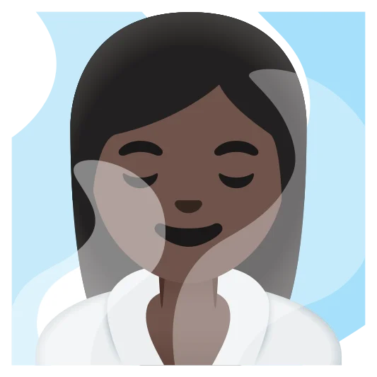 The woman in steamy room: dark skin tone emoji.