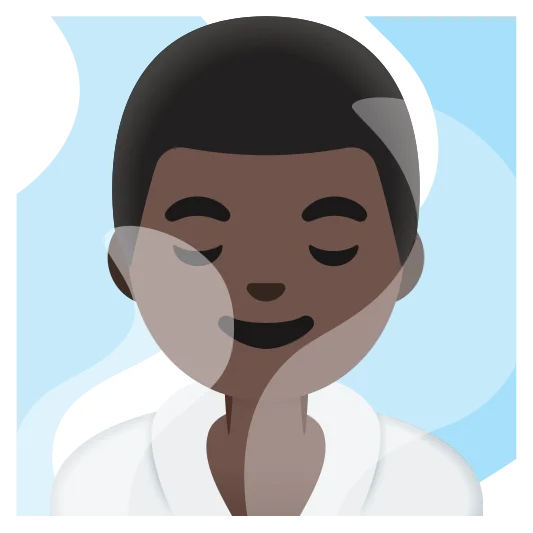 The man in steamy room: dark skin tone emoji.