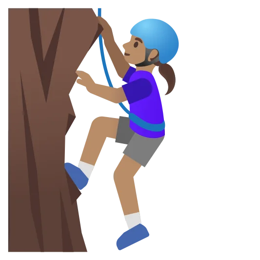 The woman climbing: medium skin tone emoji.