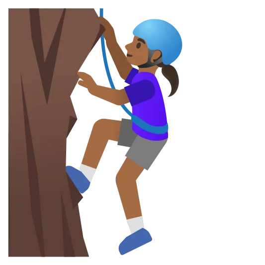 The woman climbing: medium-dark skin tone emoji.