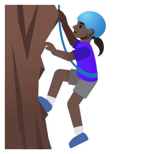 The woman climbing: dark skin tone emoji.