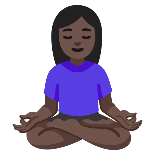 The woman in lotus position: dark skin tone emoji.