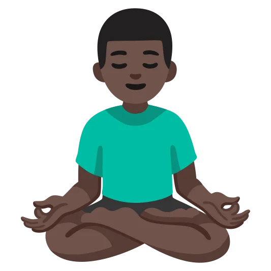 The man in lotus position: dark skin tone emoji.