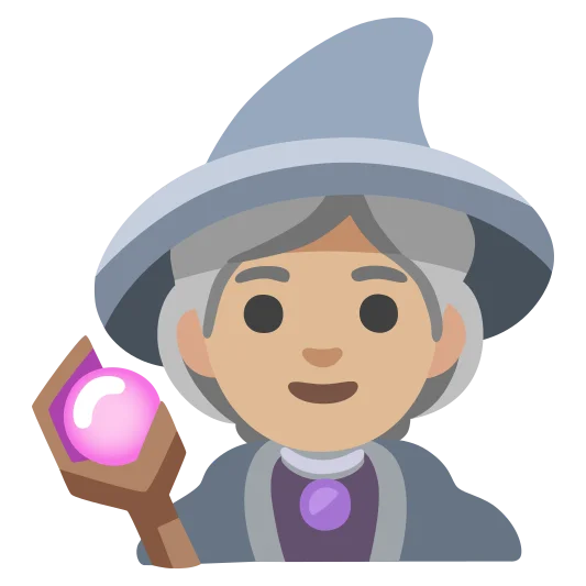 The woman mage: medium-light skin tone emoji.