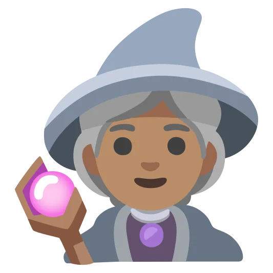 The woman mage: medium skin tone emoji.
