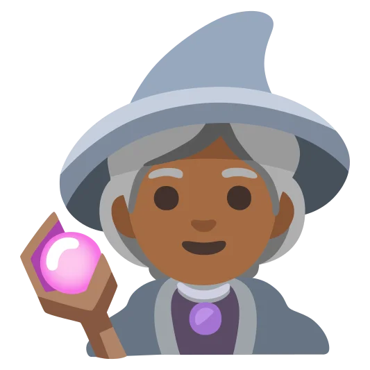 The woman mage: medium-dark skin tone emoji.