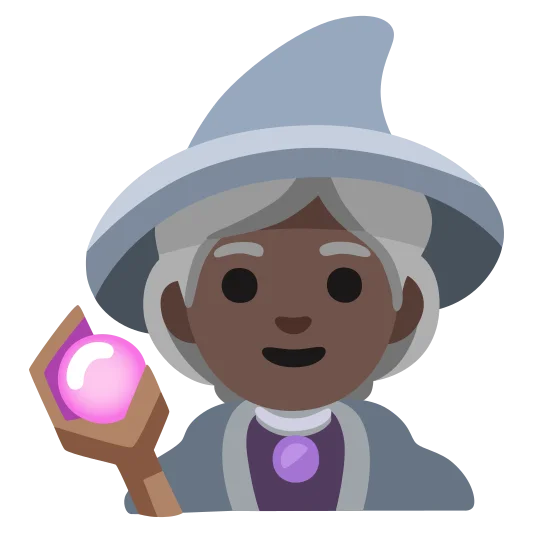 The woman mage: dark skin tone emoji.