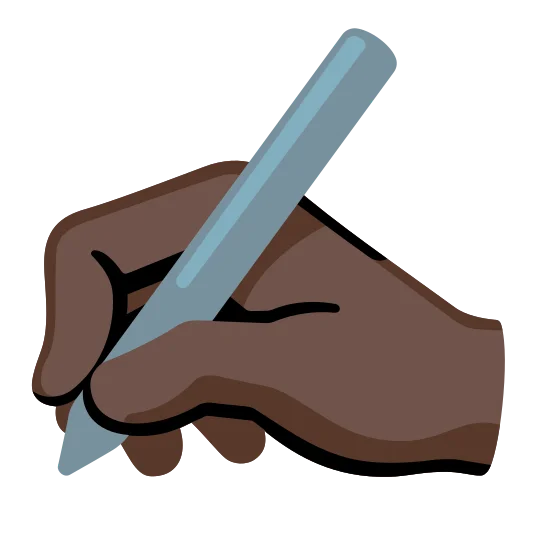 The writing hand: dark skin tone emoji.